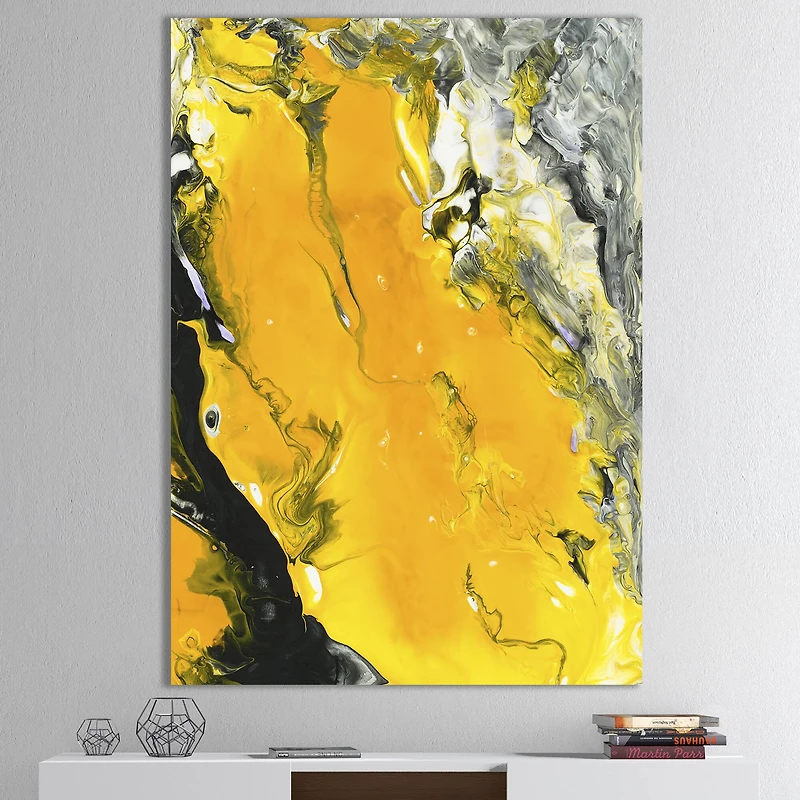 Designart - Yellow , Black and Marbled Acrylic Painting