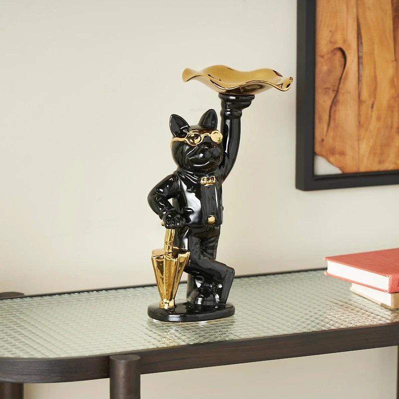 13.25" Black Ceramic Bulldog with Golden Accents Sculpture Décor