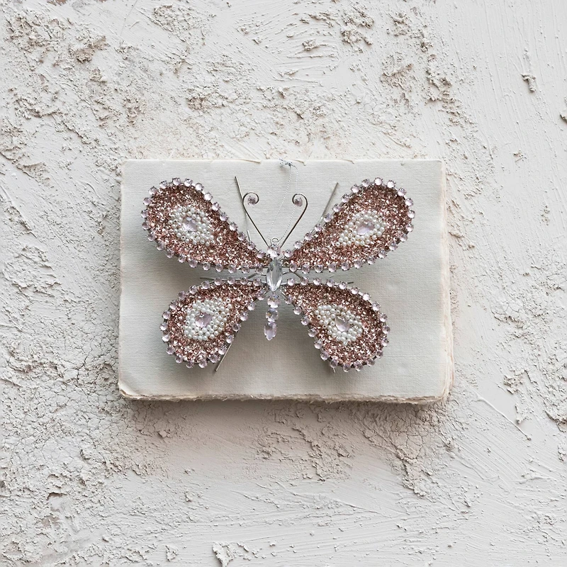 Hello Honey® 8" Silver, Pink & Cream Metal Butterfly Ornament with Sequins, Jewels & Beads