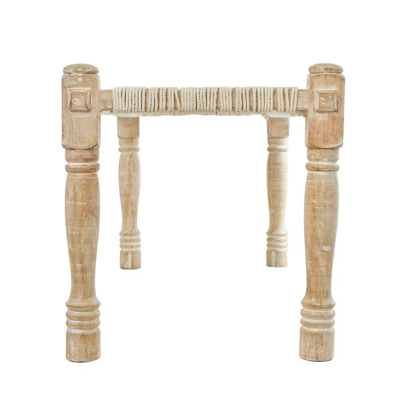 Beige Cotton Handmade Woven Chevron Bench with Mango Wood Legs