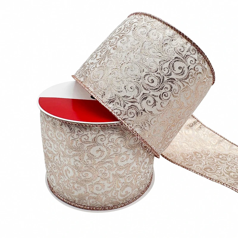 3.5" x 15ft. Blush Jacquard Scroll Wired Ribbon by Celebrate It®
