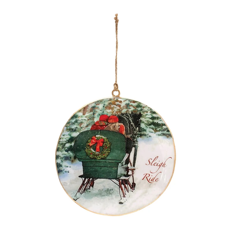 6 Pack 6" Couple Sleigh Ride Metal Disc Ornaments
