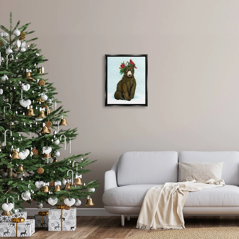 Stupell Industries Bear Seasonal Holly Snow Scene Framed Floater Canvas Wall Art