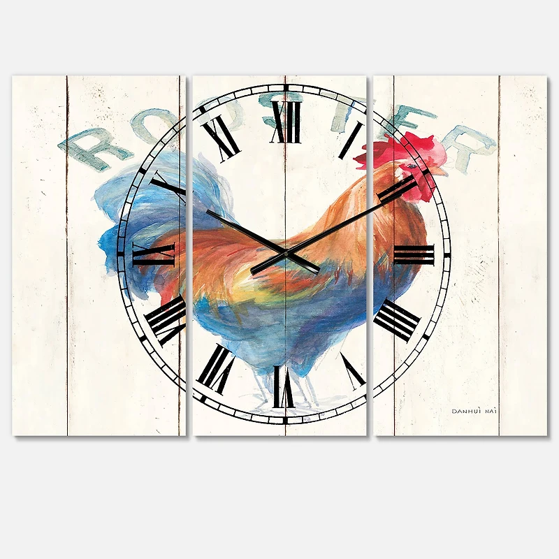Designart Farm Rooster Farmhouse 3 Panel Wall Clock