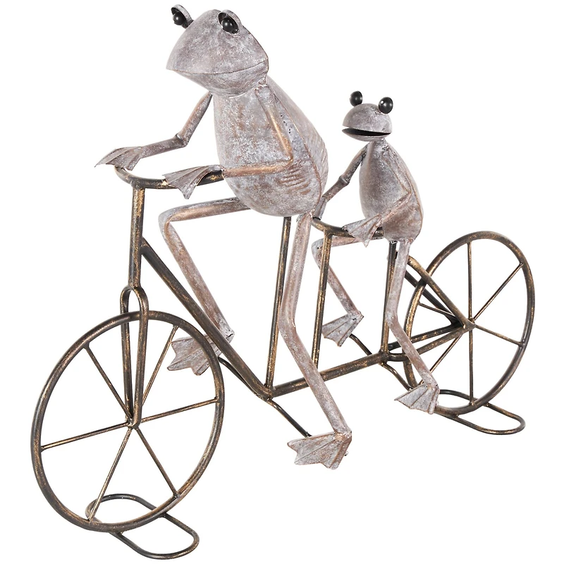 23.5" Frog Duo on Bicycle Metal Garden Sculpture with Gold Accents