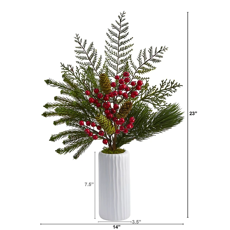 23" Mixed Pine, Pinecone & Berry Arrangement in White Vase