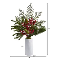 23" Mixed Pine, Pinecone & Berry Arrangement in White Vase