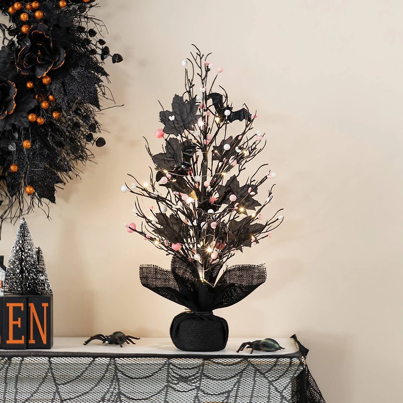 Glitzhome® 20"H Lighted Black and Pink Halloween Berries Table Tree