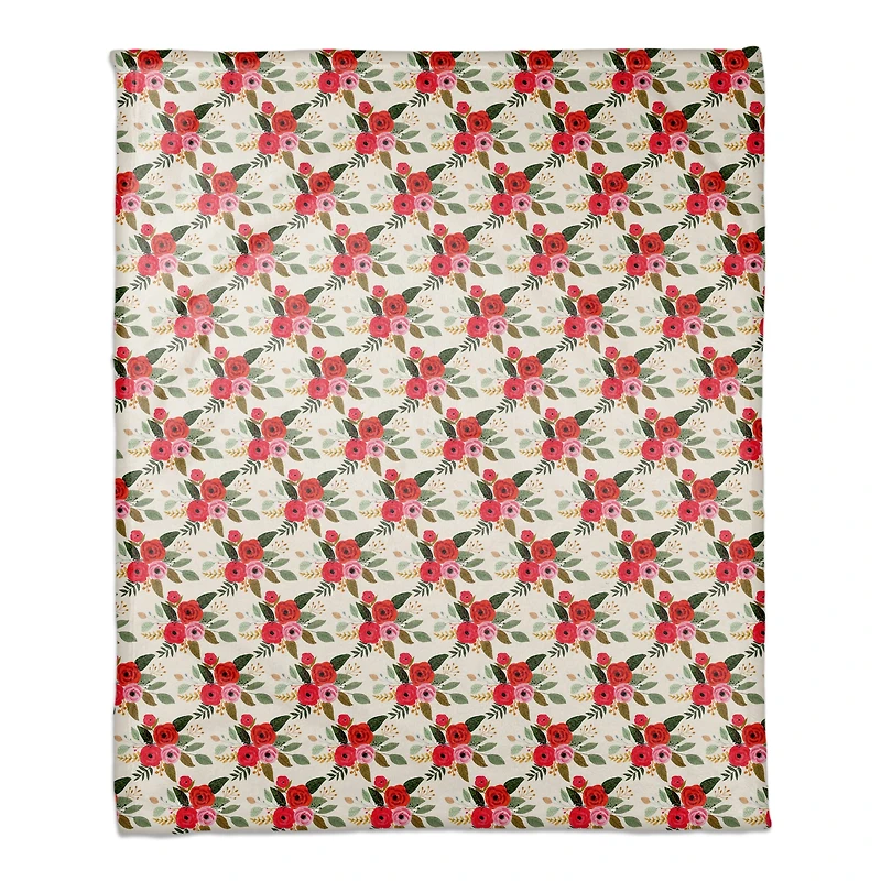 White Throw Blanket with Red Floral Pattern
