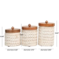 Cream Paper Mache Handmade Carved Spotted Geometric Canisters with Removable Lids Set