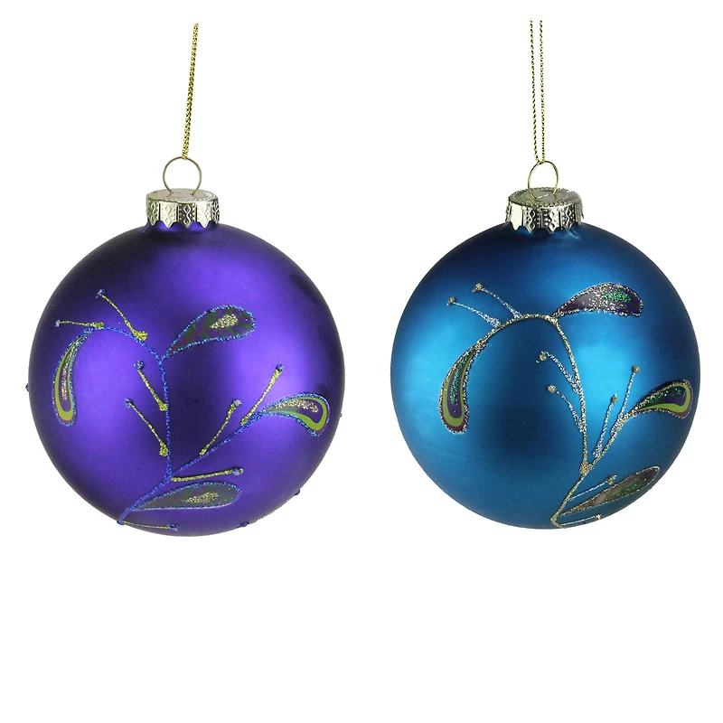 2ct. 4" Purple & Blue 2-Finish Peacock Glass Ball Ornaments
