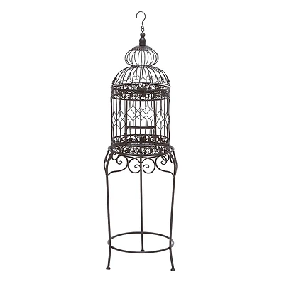 Vintage Black Metallic Standing Bird Cage, 47" x 14" x 14"