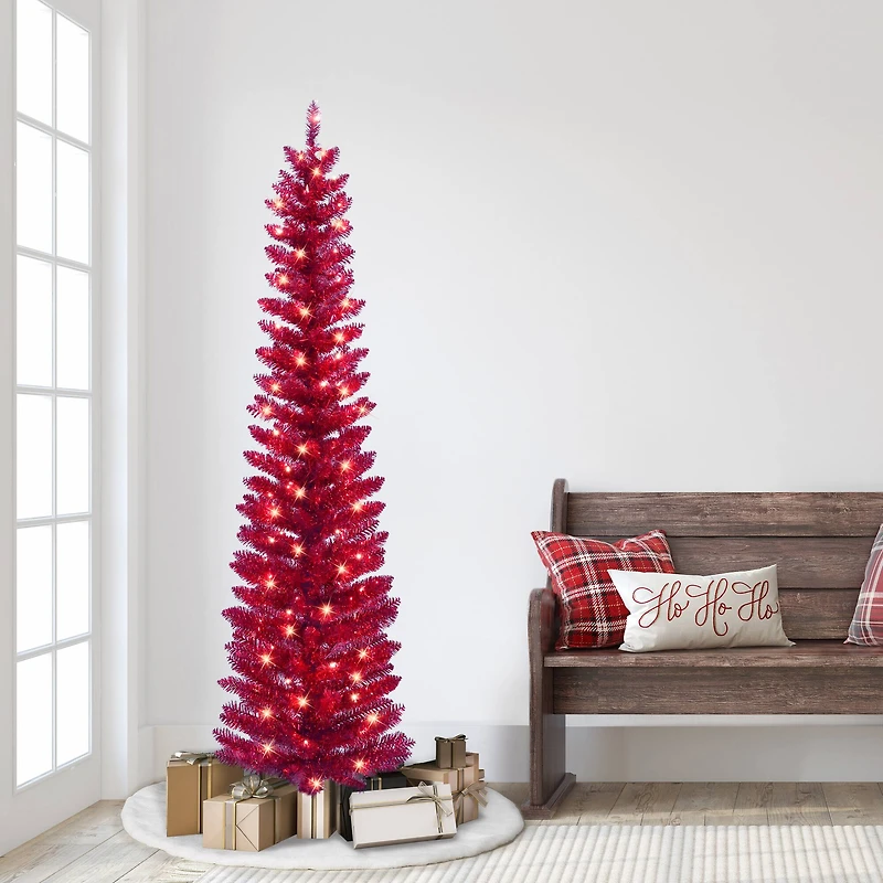 6ft. Pre-Lit Red Tinsel Artificial Tree, Clear Lights