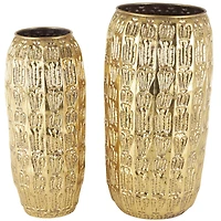 Gold Metal Tall Vase with Grooved Patterns Set