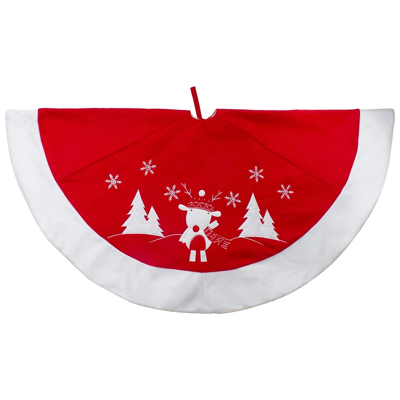 46" Red & White Reindeer Embroidered Christmas Tree Skirt