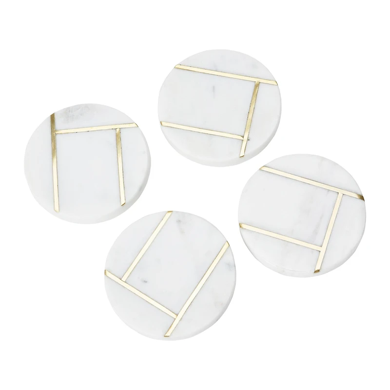 Hello Honey® White Round Marble Coaster Set with Brass Inlay