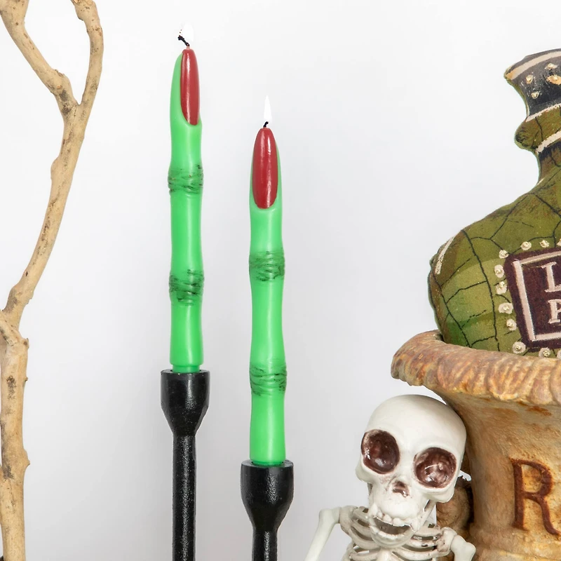 Hello Honey 10" Green & Red Unscented Witch Finger Shaped Taper Candles, 2ct.