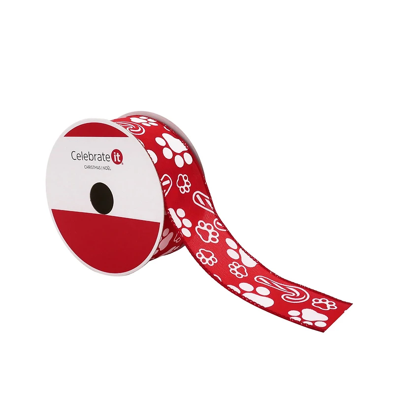 1.5" x 30ft. Red & White Paw Prints Wired Ribbon by Celebrate It®