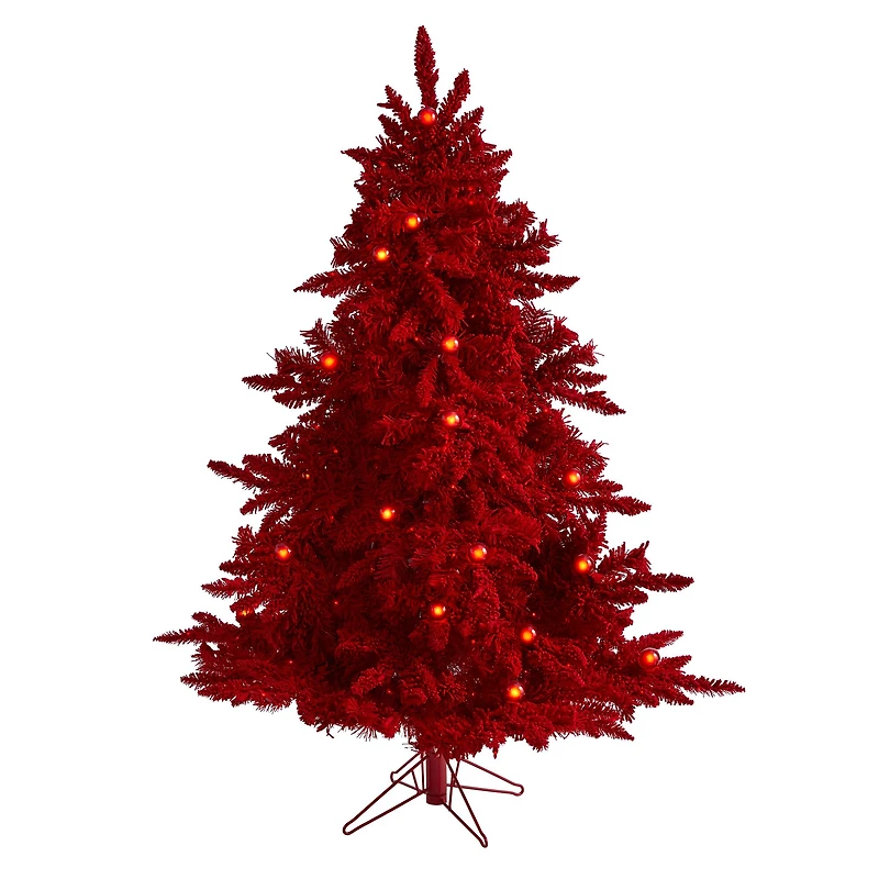 5ft. Pre-Lit Red Flocked Fraser Fir Artificial Christmas Tree with Red Lights