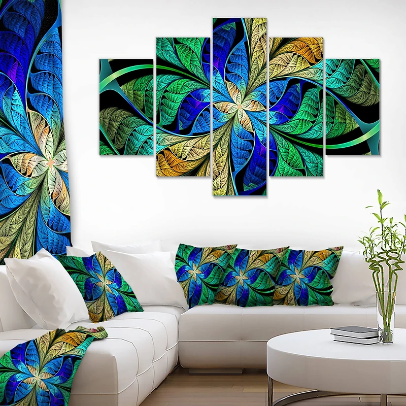 Designart - Blue Green Fractal Flower Petals - Contemporary Canvas Art Print