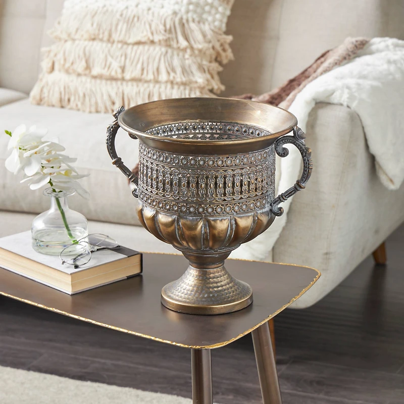 12" Bronze Metal Urn Shaped Vase with Cut Outs