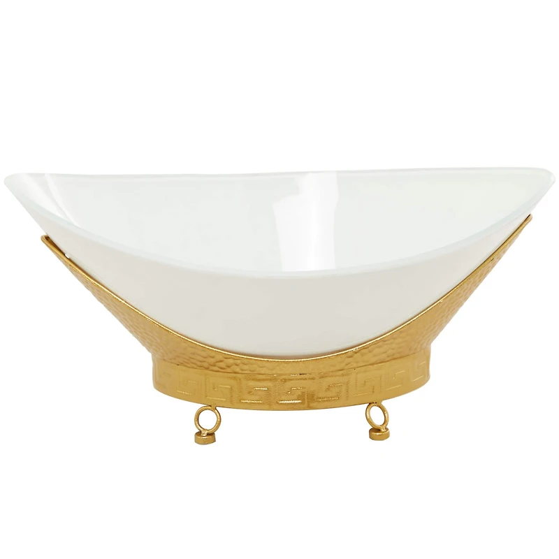 CosmoLiving by Cosmopolitan 23" White Glass Hammered Kitchen Serving Bowl with Gold Metal Stand