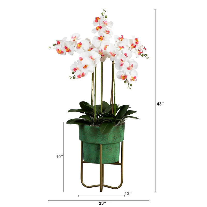 3.5ft. White Orchid Arrangement in Patina Metal Planter with Stand