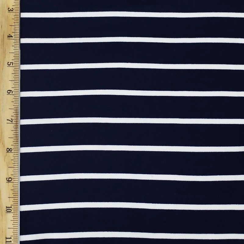 Fabric Merchants White Stripes on Navy Double Brushed 4-Way Stretch Fabric