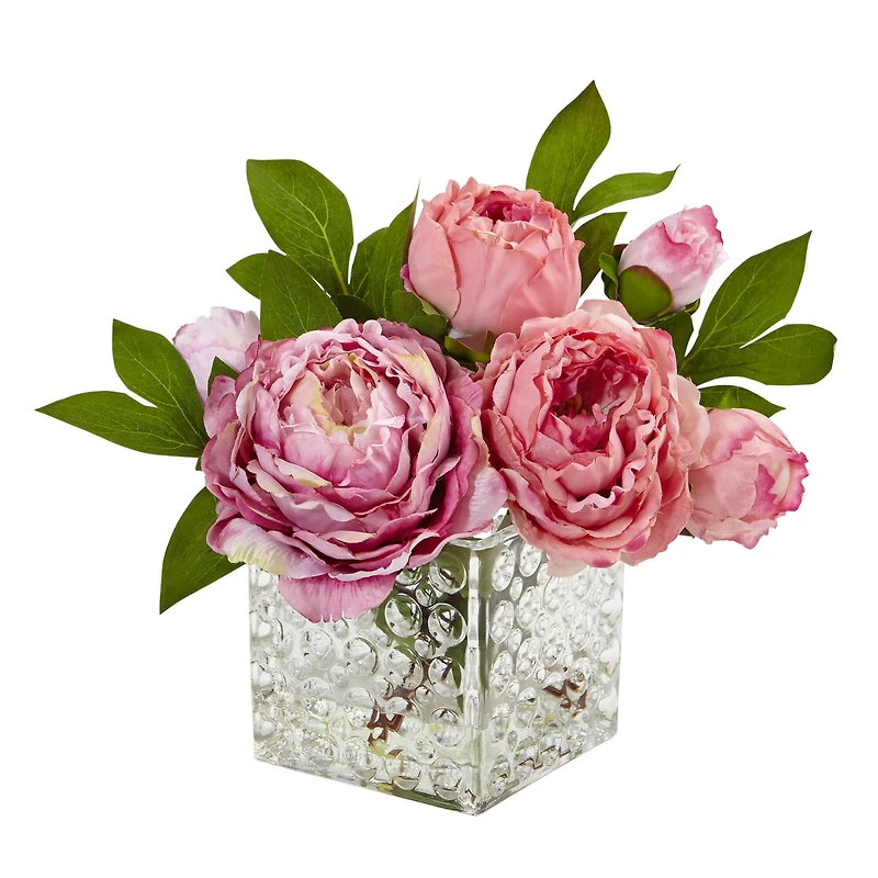 8.5" Pink Peony In Square Textured Glass Vase