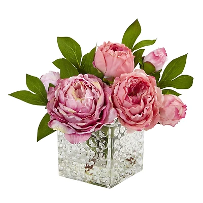 8.5" Pink Peony In Square Textured Glass Vase