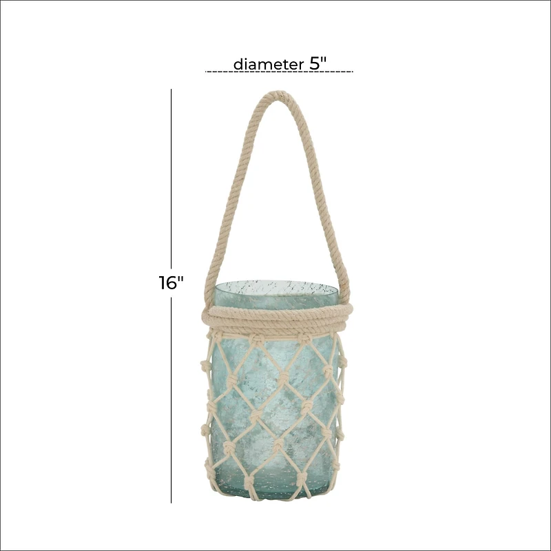 Aquamarine Glass Coastal Candle Holder Lantern, 16" x 5" x 5"