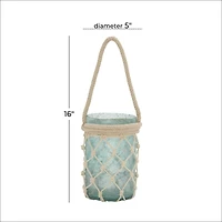 Aquamarine Glass Coastal Candle Holder Lantern, 16" x 5" x 5"