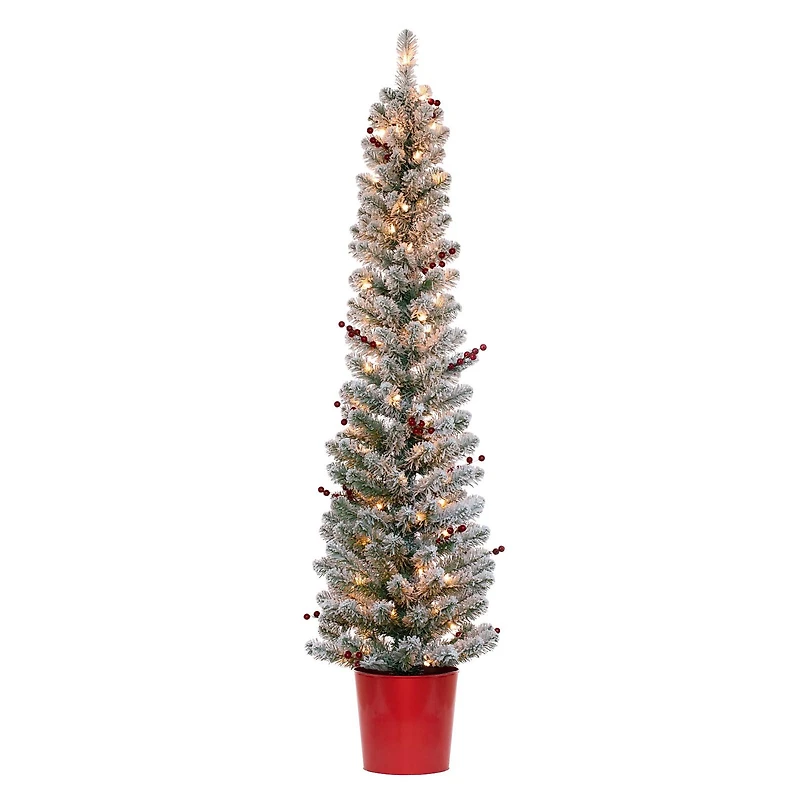 5ft. Pre-Lit Flocked Berry Artificial Christmas Tree with Red Pot, Clear Lights