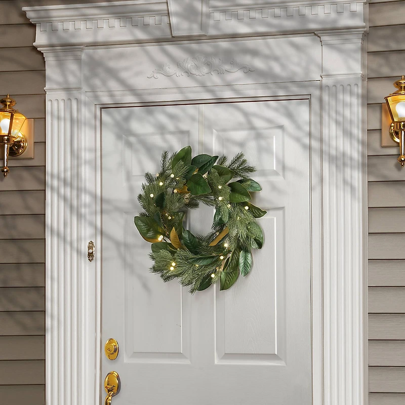 24" Warm White LED Magnolia Mix Pine Wreath