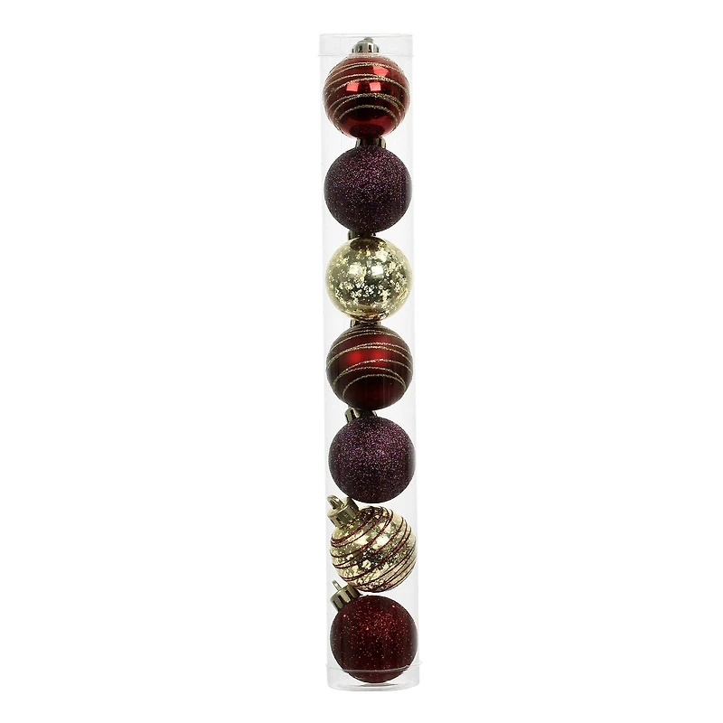 7 Pack 1.5" Burgundy, Red & Gold Shatterproof Ball Ornaments by Ashland®