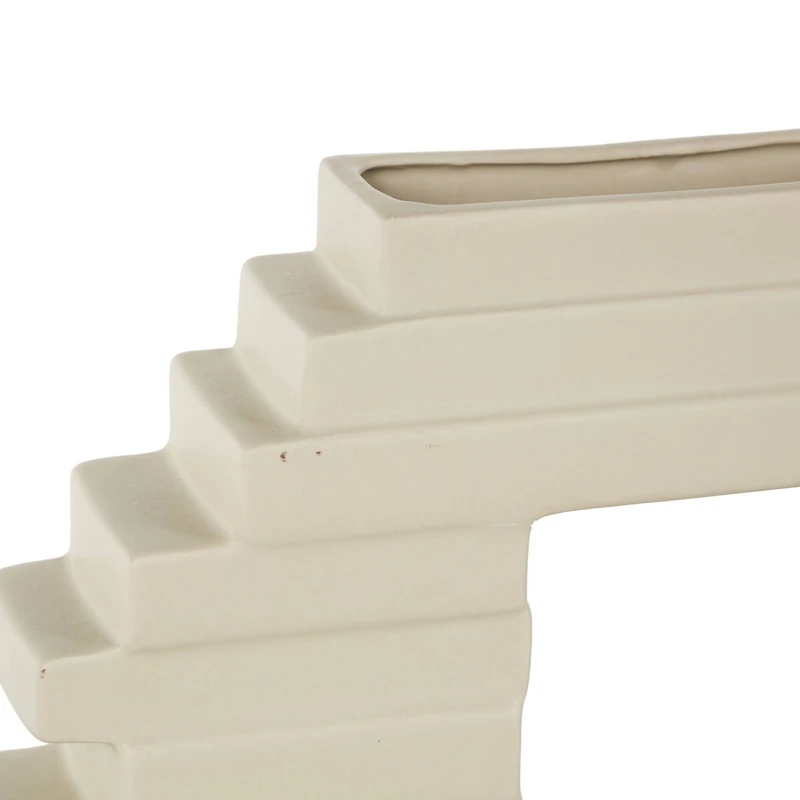 13" Cream Ceramic Abstract Decorative Vase with Rectangular Center Cutout