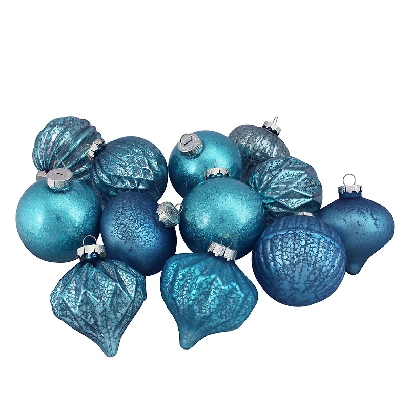12ct. 3.75" Teal Blue 3-Finish Glass Ornaments