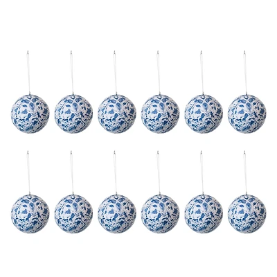 Hello Honey® 12 Pack 4" Blue & Cream Round Printed Paper Mache Ball Ornaments with Flowers & Peacock Feather Design