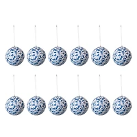 Hello Honey® 12 Pack 4" Blue & Cream Round Printed Paper Mache Ball Ornaments with Flowers & Peacock Feather Design