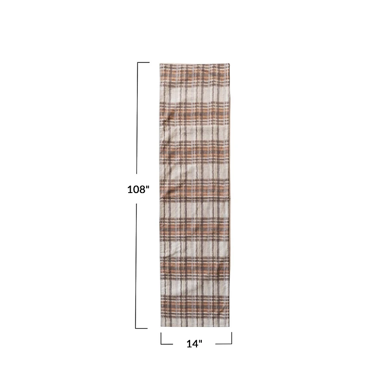 Hello Honey 108" x 14" Cream, Brown & Orange Plaid Woven Cotton Table Runner