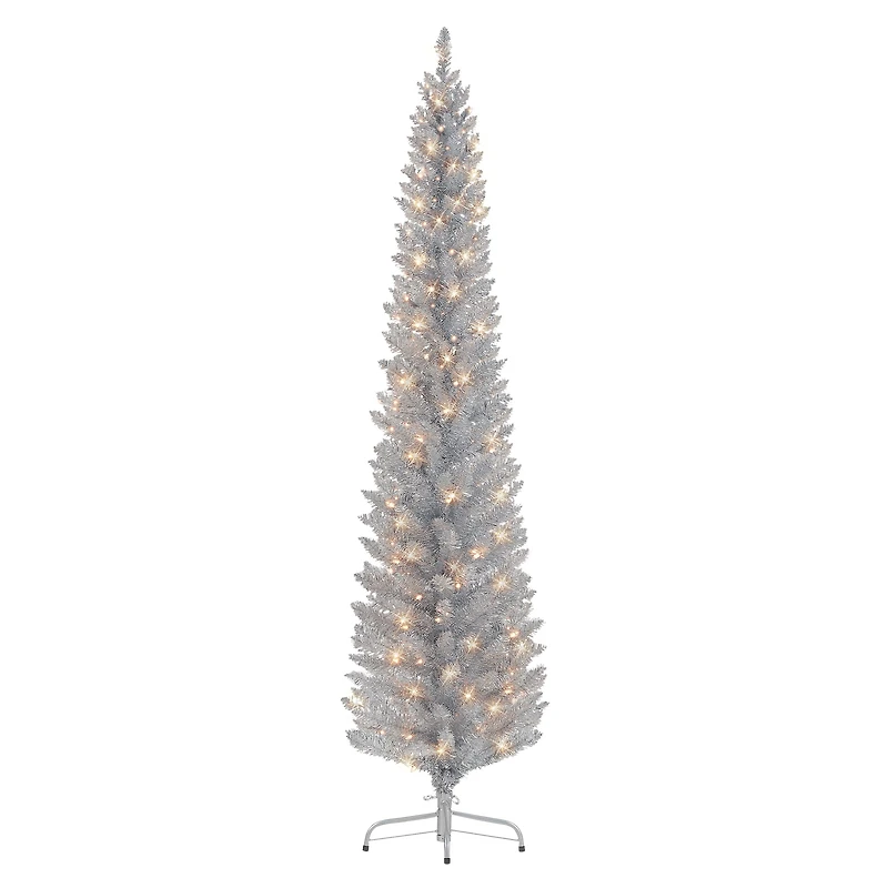 7ft. Pre-Lit Silver Tinsel Artificial Christmas Tree, Clear Lights