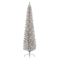 7ft. Pre-Lit Silver Tinsel Artificial Christmas Tree, Clear Lights