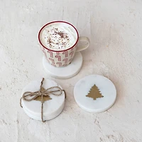 Hello Honey® 4" White Round Marble Coasters with Brass Tree Inlay, 4ct.