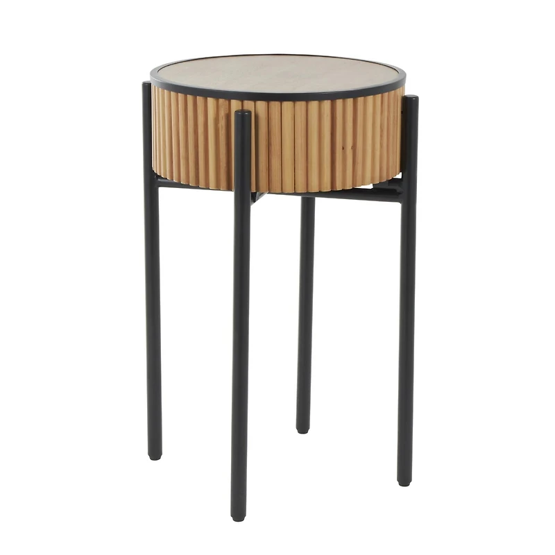 26.5" Brown Wood Handmade Slatted Side End Accent Table with Black Legs