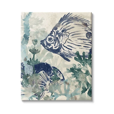 Stupell Industries Abstract Seafloor Fresco Tropical Blue Fish Distressed Coral Canvas Wall Art