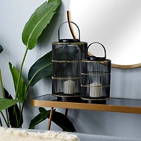 Set of 2" Black Metal Contemporary Lantern, 11", 16"