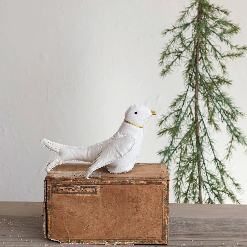 Hello Honey® 10" Cream & Gold Handmade Canvas Dove Tree Topper with Embroidery