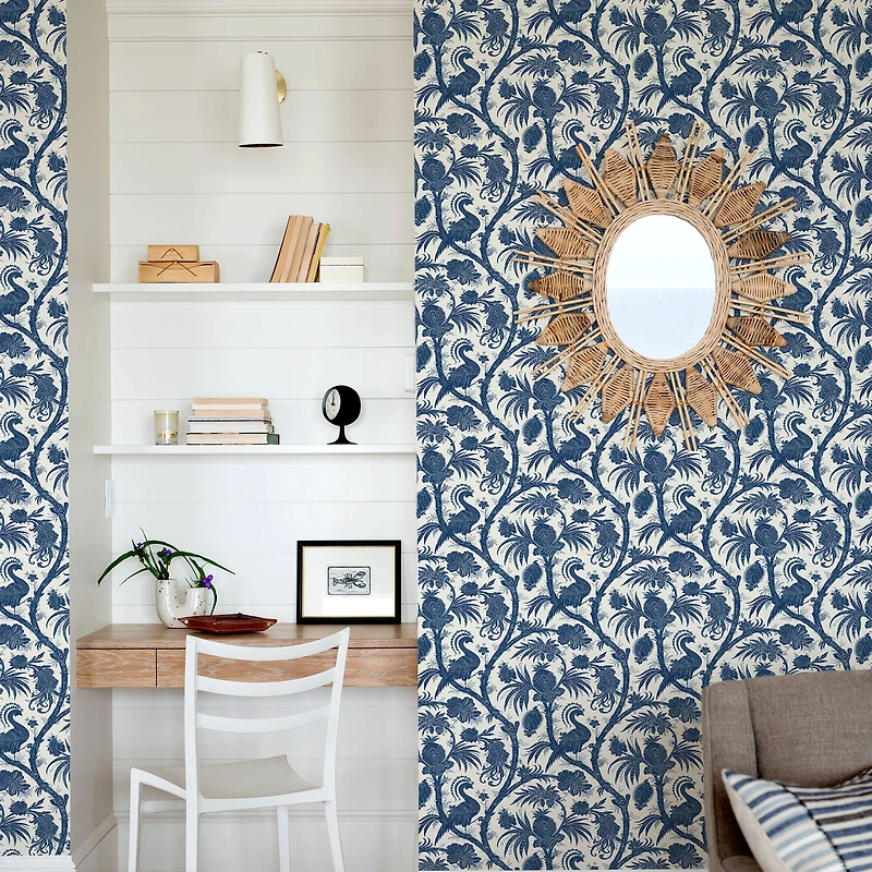 Scalamandre Indigo Balinese Peacock Peel & Stick Wallpaper