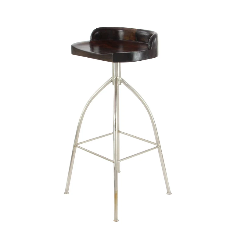 Brown Iron and Wood Contemporary Bar Stool, 33" x 16" x 12"
