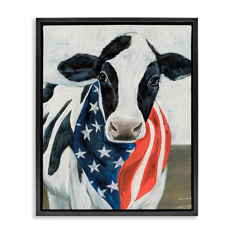Stupell Industries Farm Cow American Flag Animal Floater Framed Art